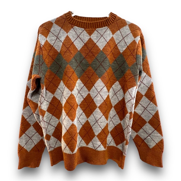 JANTZEN VINTAGE RUST ORANGE & GRAY CREWNECK GRANDPA SWEATER MEN MED - Picture 15 of 15